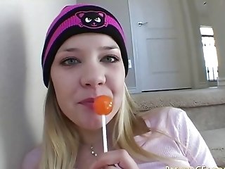 Hot Blonde Gobbling Candy Taunt With Big Tits Closeup