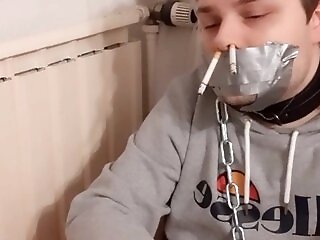 Restrained And Smoking Hunk In Faggot Bondage & Discipline Activity