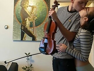 Slender Nerdy Cutie Pleases Her Bf With Bj And Fuck While He's Playing The Violin