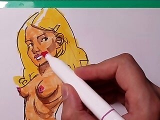 Quick Marker Sketch Of A Enticing Blonde Lady, Showcasing Her Beauty